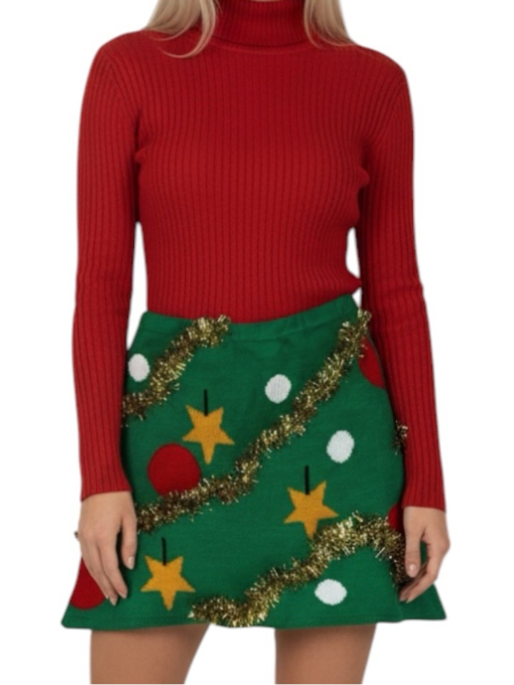 Derek Heart Holiday Knit Mini Skirt Ugly Christmas Skirt Ornament Tinsel Medium